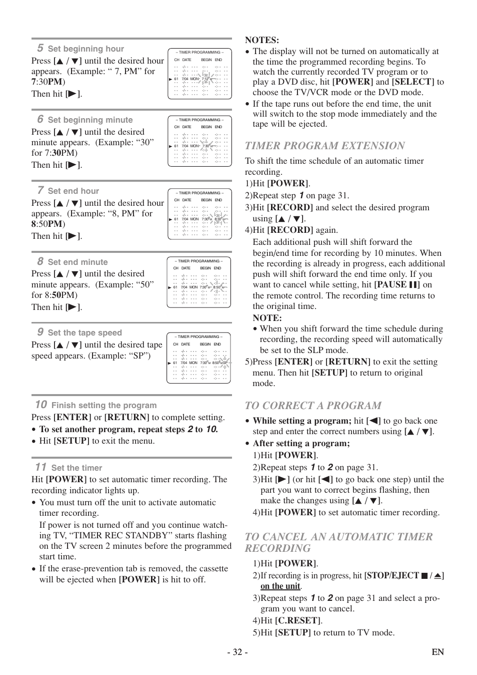 Timer program extension, Press [enter] or [return] to complete setting, Hit [setup] to exit the menu | C/ a, Set beginning hour, Set beginning minute, Set end hour, Set end minute, Set the tape speed, Finish setting the program | Sylvania 6720FDF User Manual | Page 32 / 56