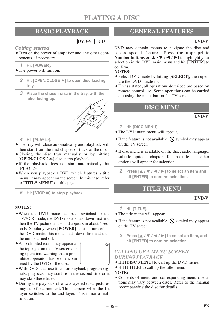 Playing a disc, Basic playback, General features | Title menu, Disc menu, Calling up a menu screen during playback | Sylvania 6720FDF User Manual | Page 36 / 56