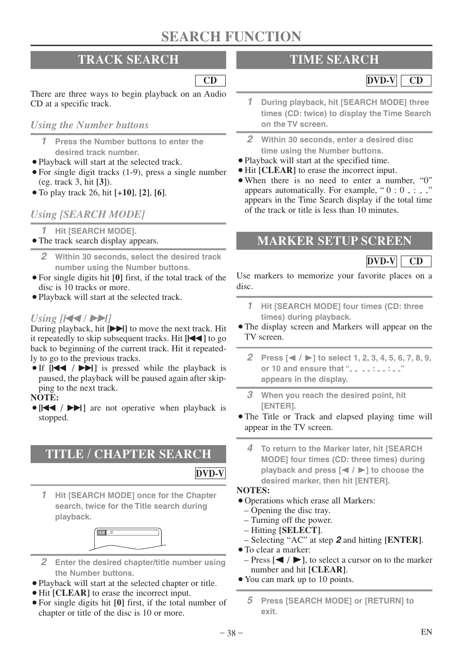 Search function, Track search, Title / chapter search | Time search, Marker setup screen, Using the number buttons, Using [search mode, Using [ h / g | Sylvania 6720FDF User Manual | Page 38 / 56