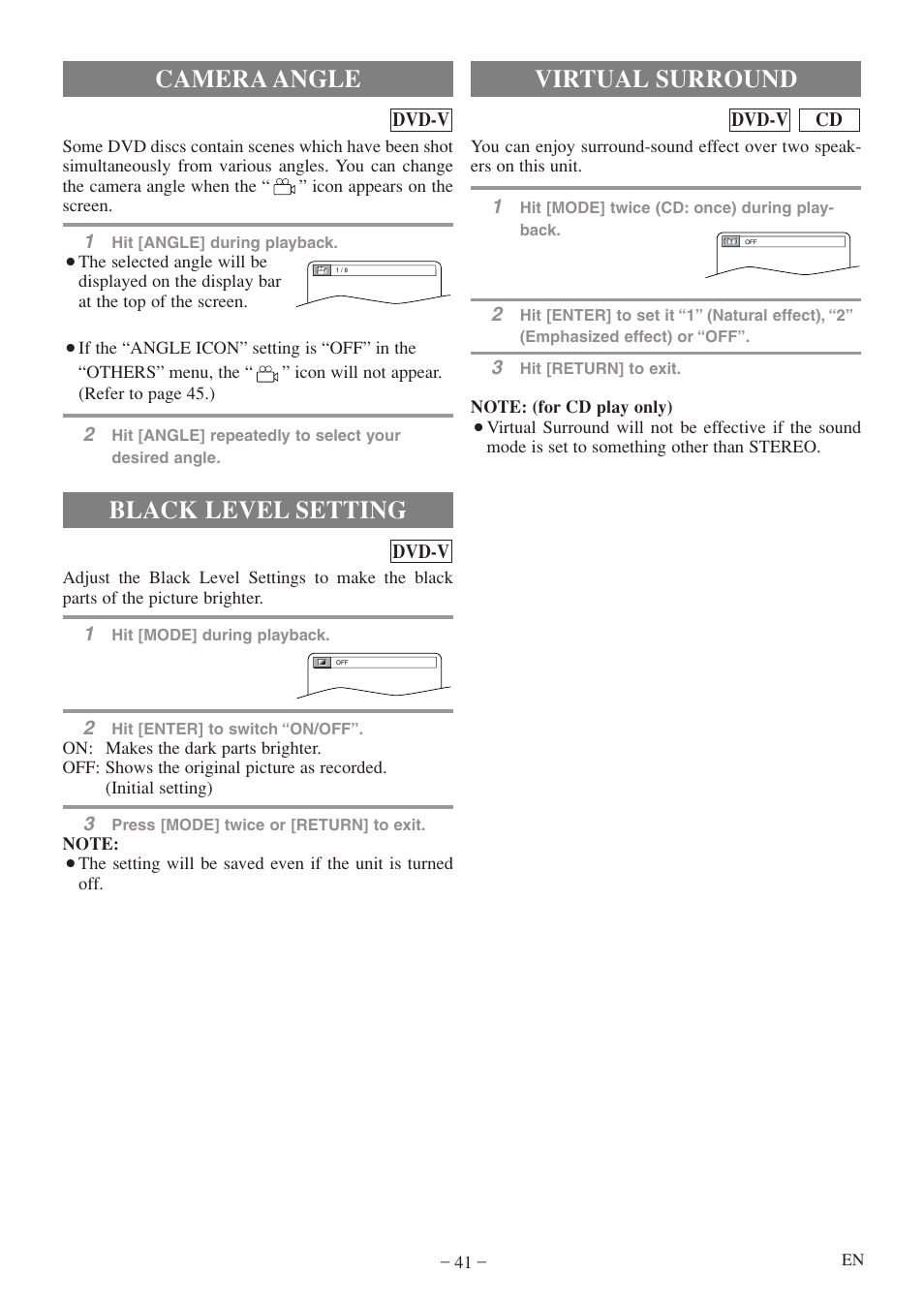 Camera angle, Black level setting, Virtual surround | Sylvania 6720FDF User Manual | Page 41 / 56
