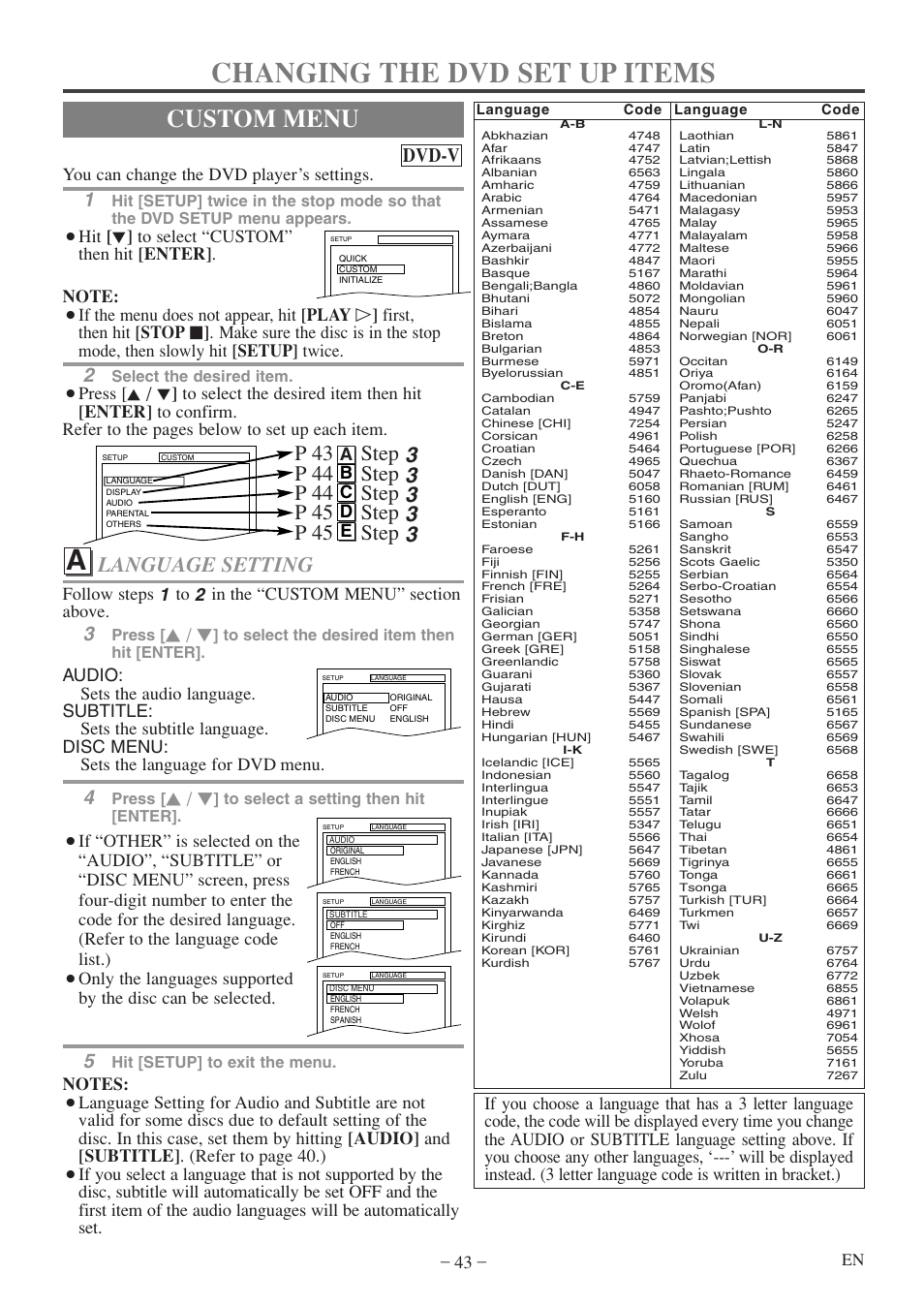 Changing the dvd set up items, Custom menu, Language setting | Dvd-v, You can change the dvd player’s settings, Ab c d e, Select the desired item, Press, Hit [setup] to exit the menu | Sylvania 6720FDF User Manual | Page 43 / 56