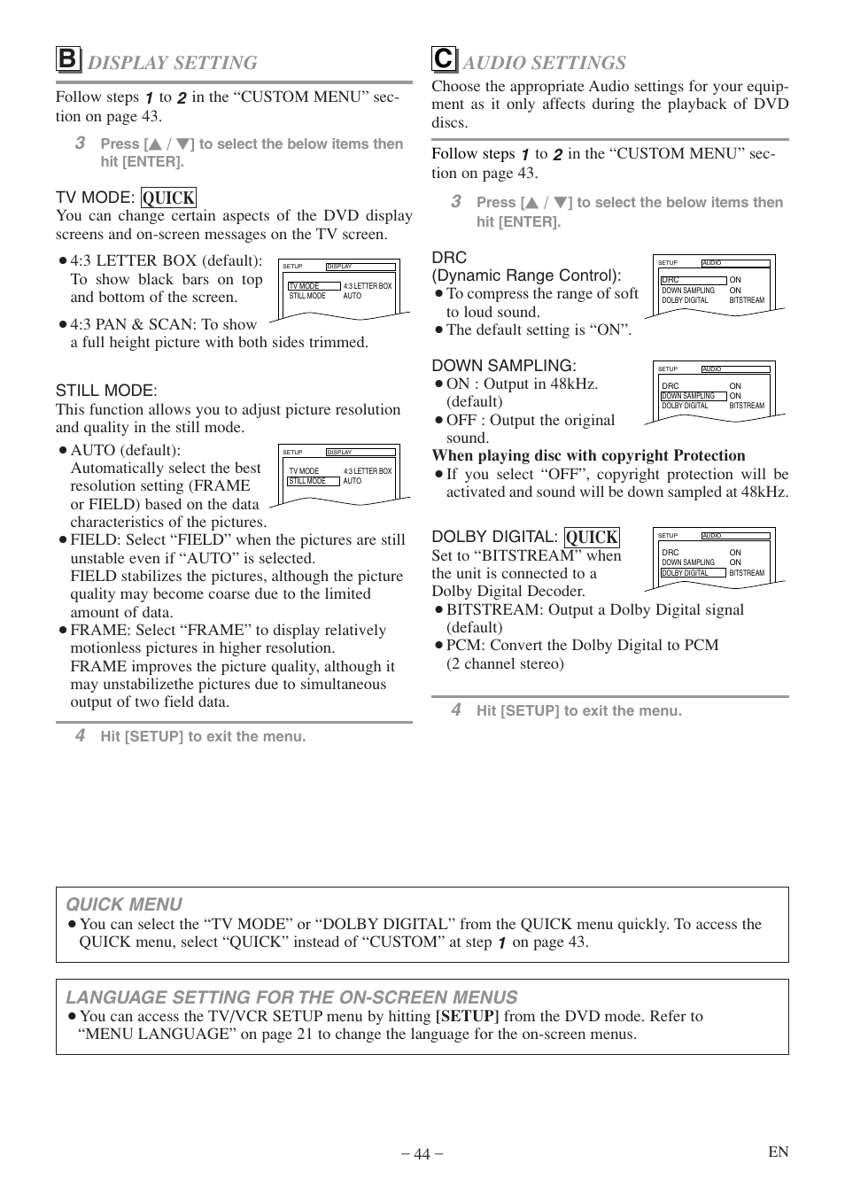 Audio settings, Display setting, Quick | Language setting for the on-screen menus, Quick menu | Sylvania 6720FDF User Manual | Page 44 / 56