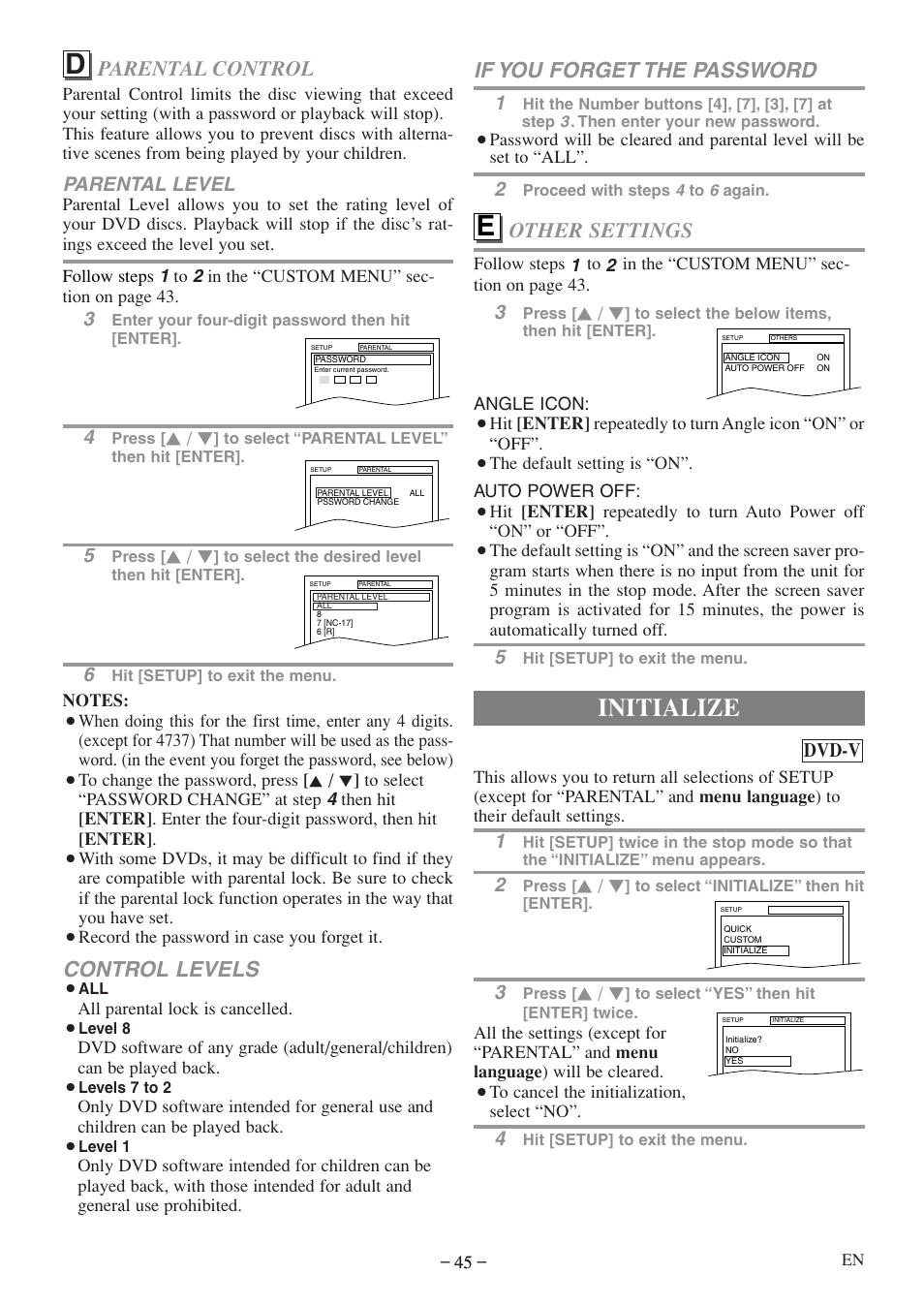 Initialize, Control levels, Parental control | If you forget the password, Other settings, Parental level, Dvd-v | Sylvania 6720FDF User Manual | Page 45 / 56