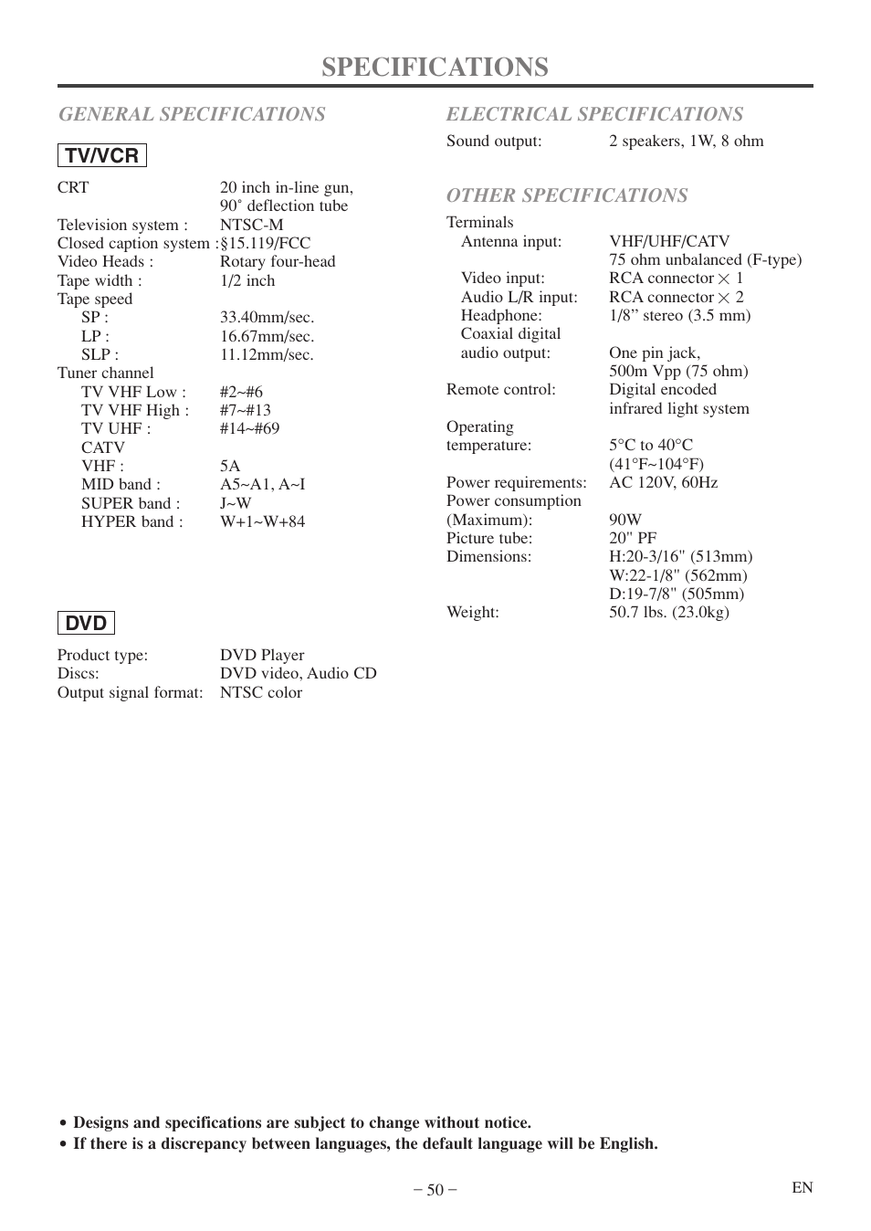 Specifications, Other specifications | Sylvania 6720FDF User Manual | Page 50 / 56