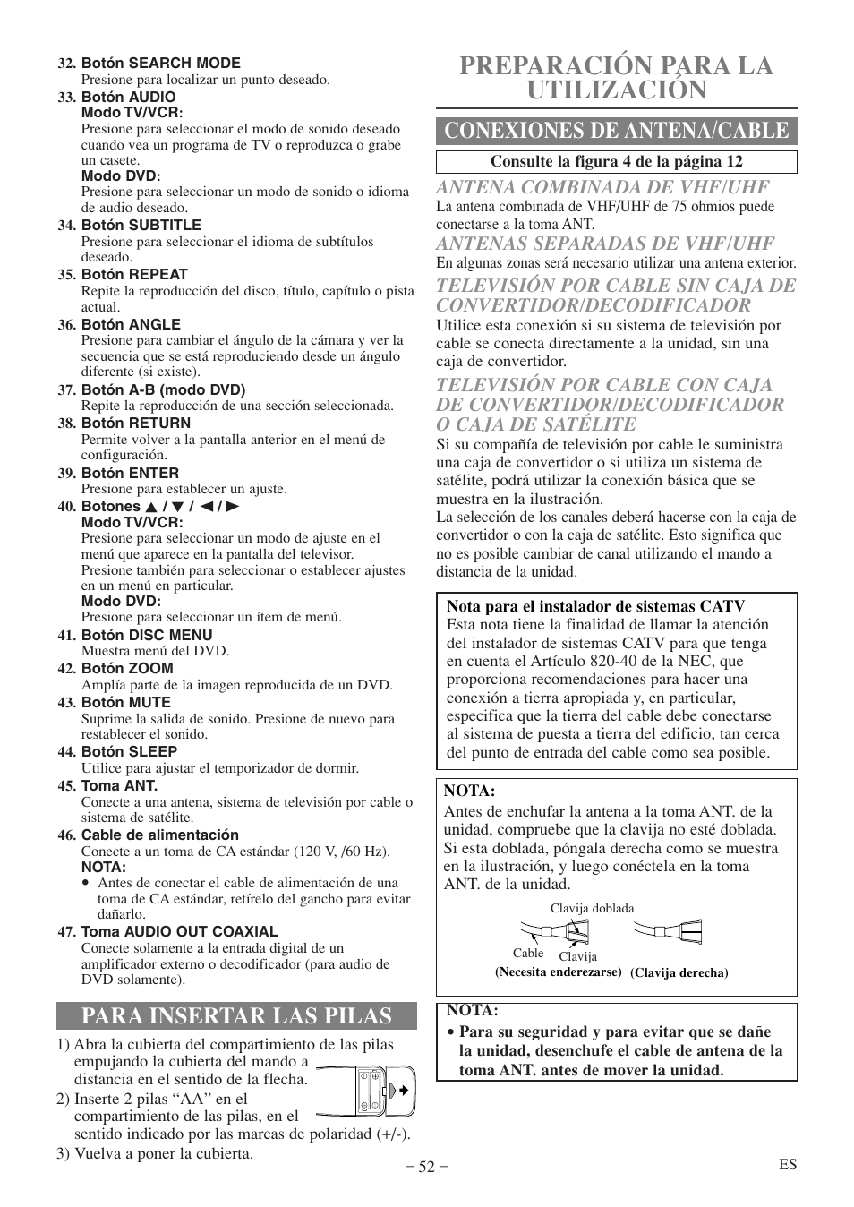 Preparación para la utilización, Para insertar las pilas, Conexiones de antena/cable | Antena combinada de vhf/uhf, Antenas separadas de vhf/uhf | Sylvania 6720FDF User Manual | Page 52 / 56