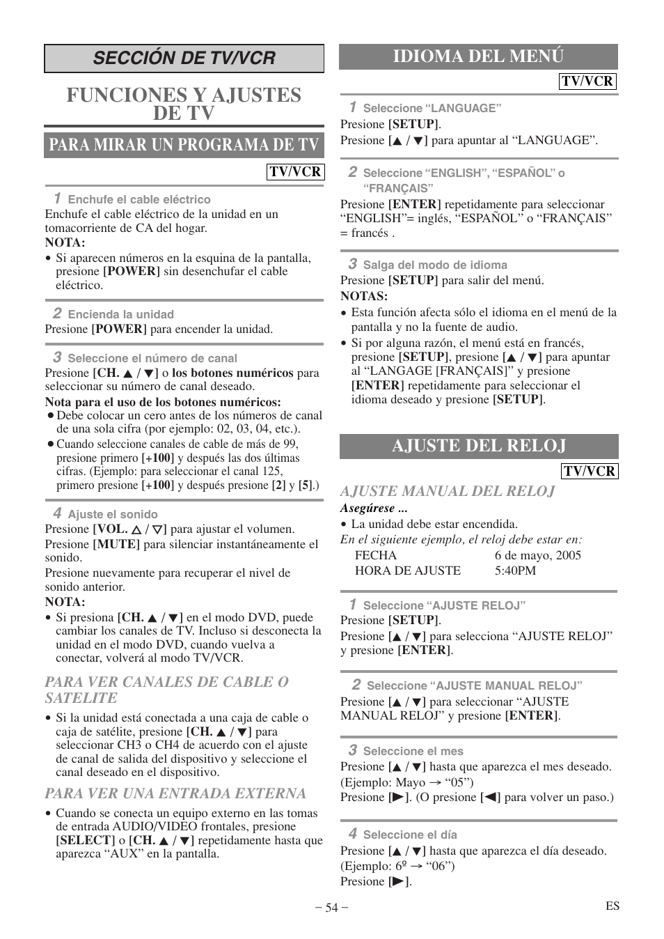 Funciones y ajustes de tv, Idioma del menú, Sección de tv/vcr para mirar un programa de tv | Ajuste del reloj | Sylvania 6720FDF User Manual | Page 54 / 56