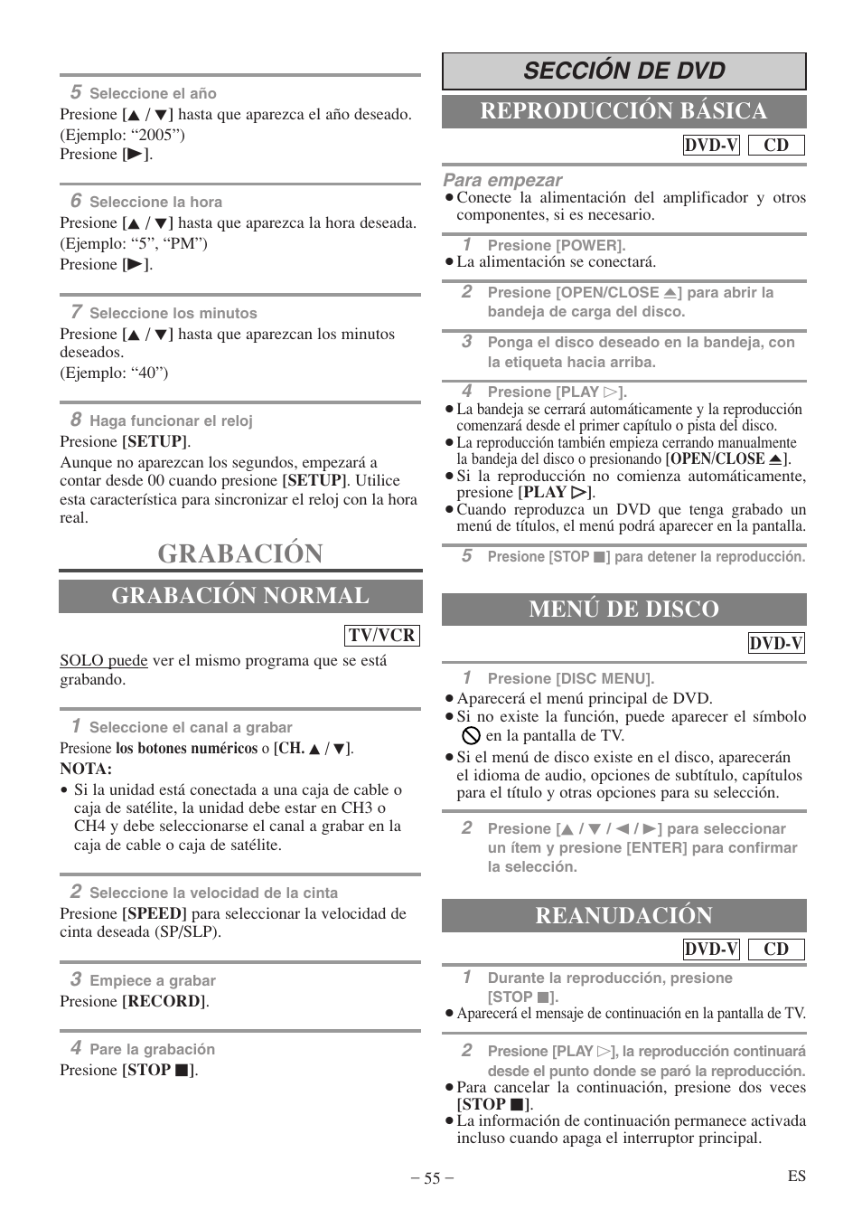 Grabación, Sección de dvd reproducción básica, Grabación normal menú de disco | Reanudación | Sylvania 6720FDF User Manual | Page 55 / 56