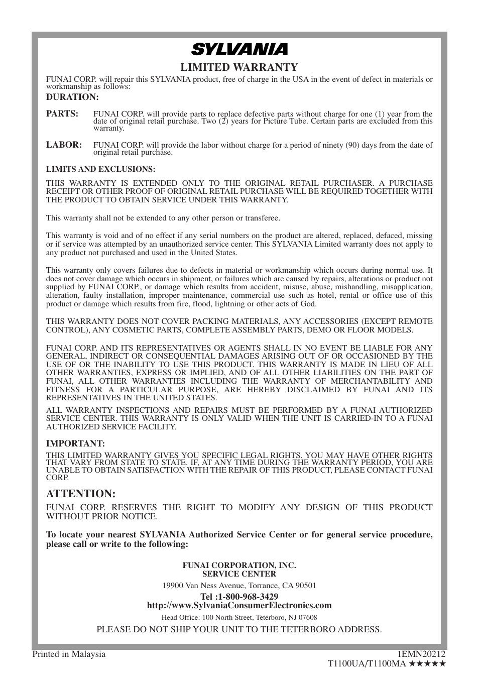 Limited warranty, Attention | Sylvania 6720FDF User Manual | Page 56 / 56