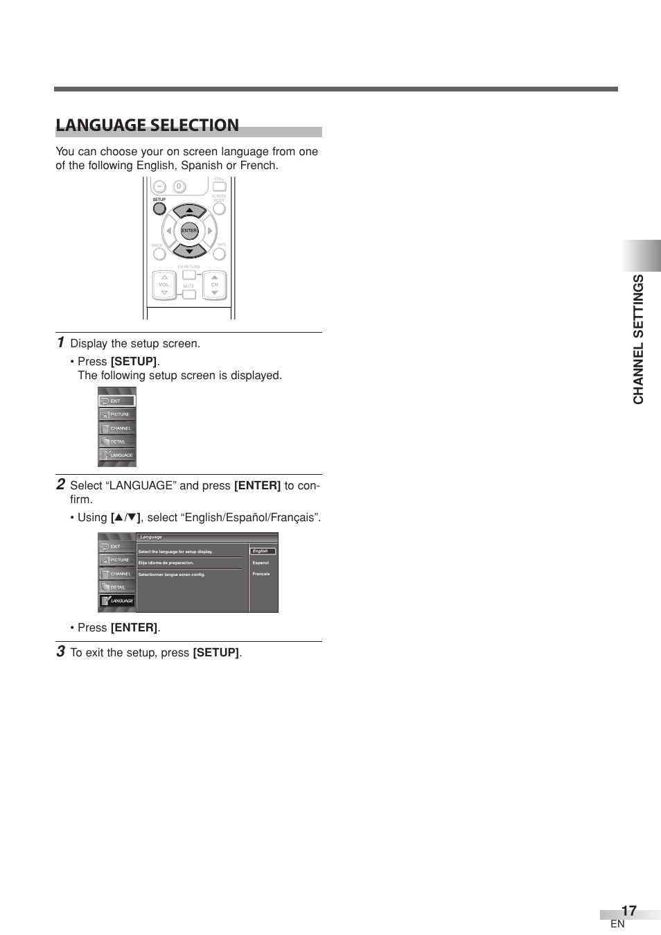 Language selection, Channel settings | Sylvania 6632LCT User Manual | Page 17 / 72