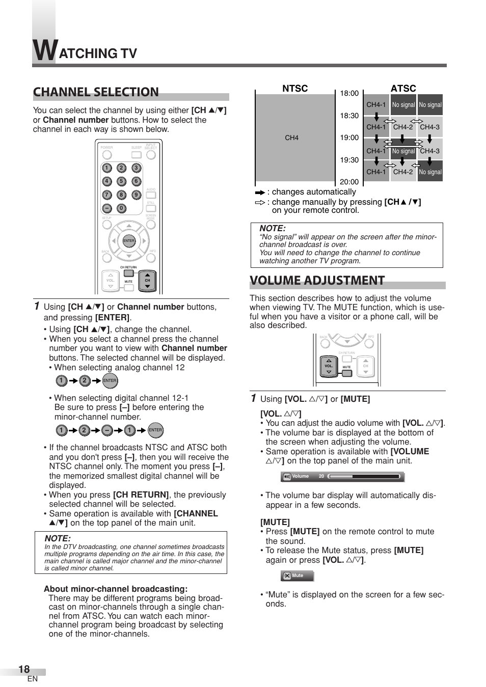 Channel selection, Volume adjustment, Atching tv | Atsc, Ntsc | Sylvania 6632LCT User Manual | Page 18 / 72