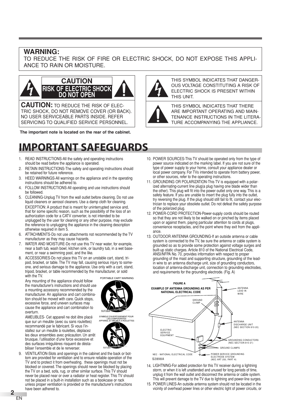 Important safeguards, Caution, Caution risk of electric shock do not open | Warning | Sylvania 6632LCT User Manual | Page 2 / 72