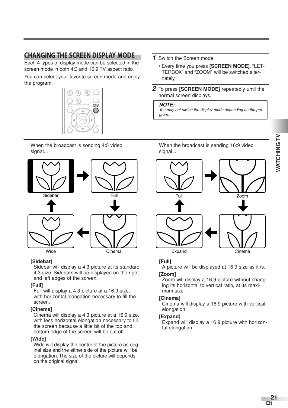 Changing the screen display mode, Wa tching tv | Sylvania 6632LCT User Manual | Page 21 / 72