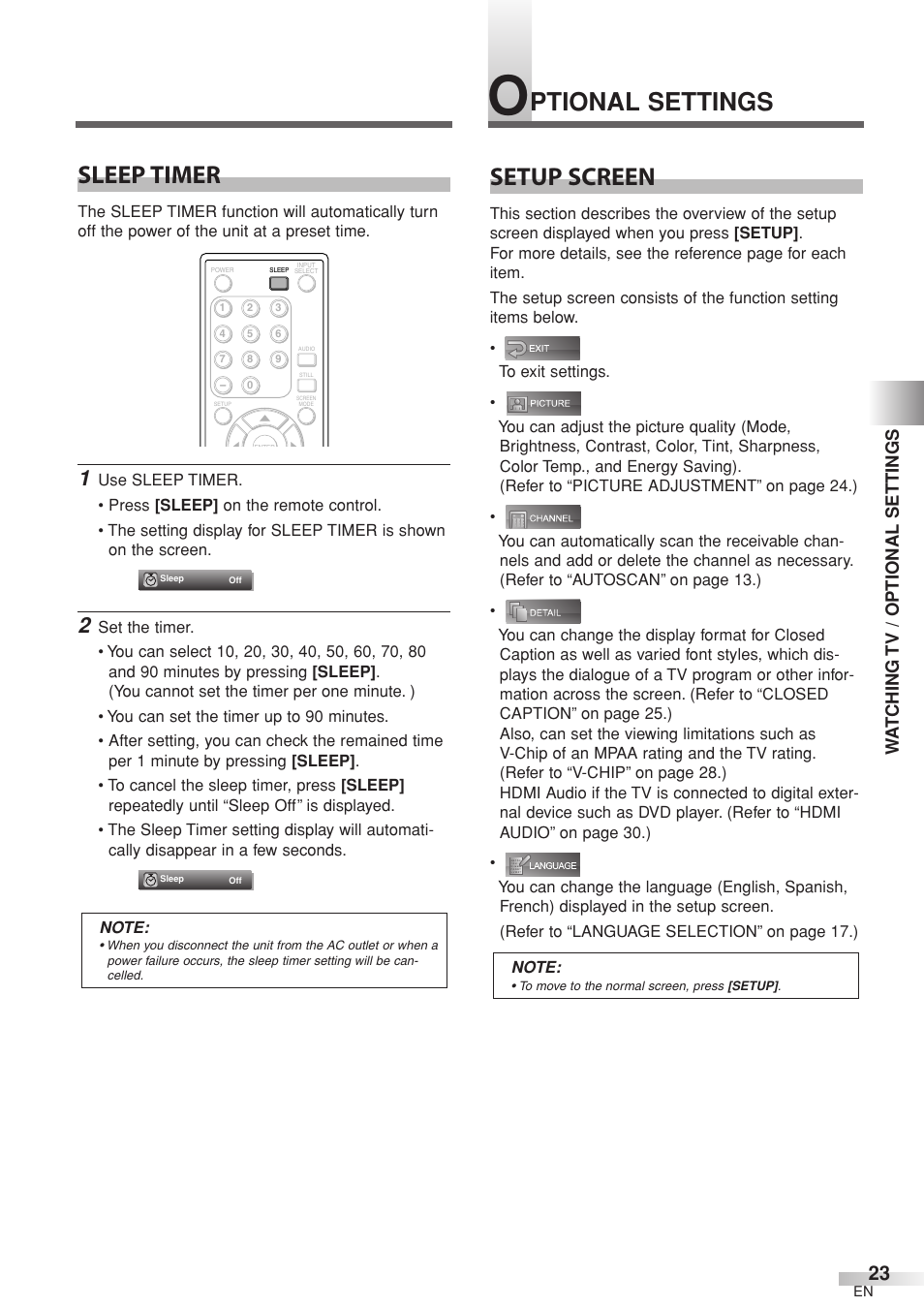 Ptional settings setup screen, Sleep timer, Wa tching tv / optional settings | Sylvania 6632LCT User Manual | Page 23 / 72