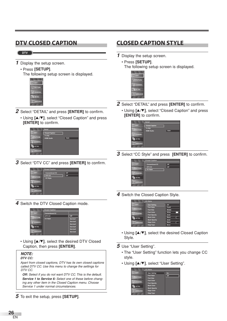 Dtv closed caption, Closed caption style, Select “dtv cc” and press [enter] to confirm | Select “cc style” and press [enter] to confirm | Sylvania 6632LCT User Manual | Page 26 / 72