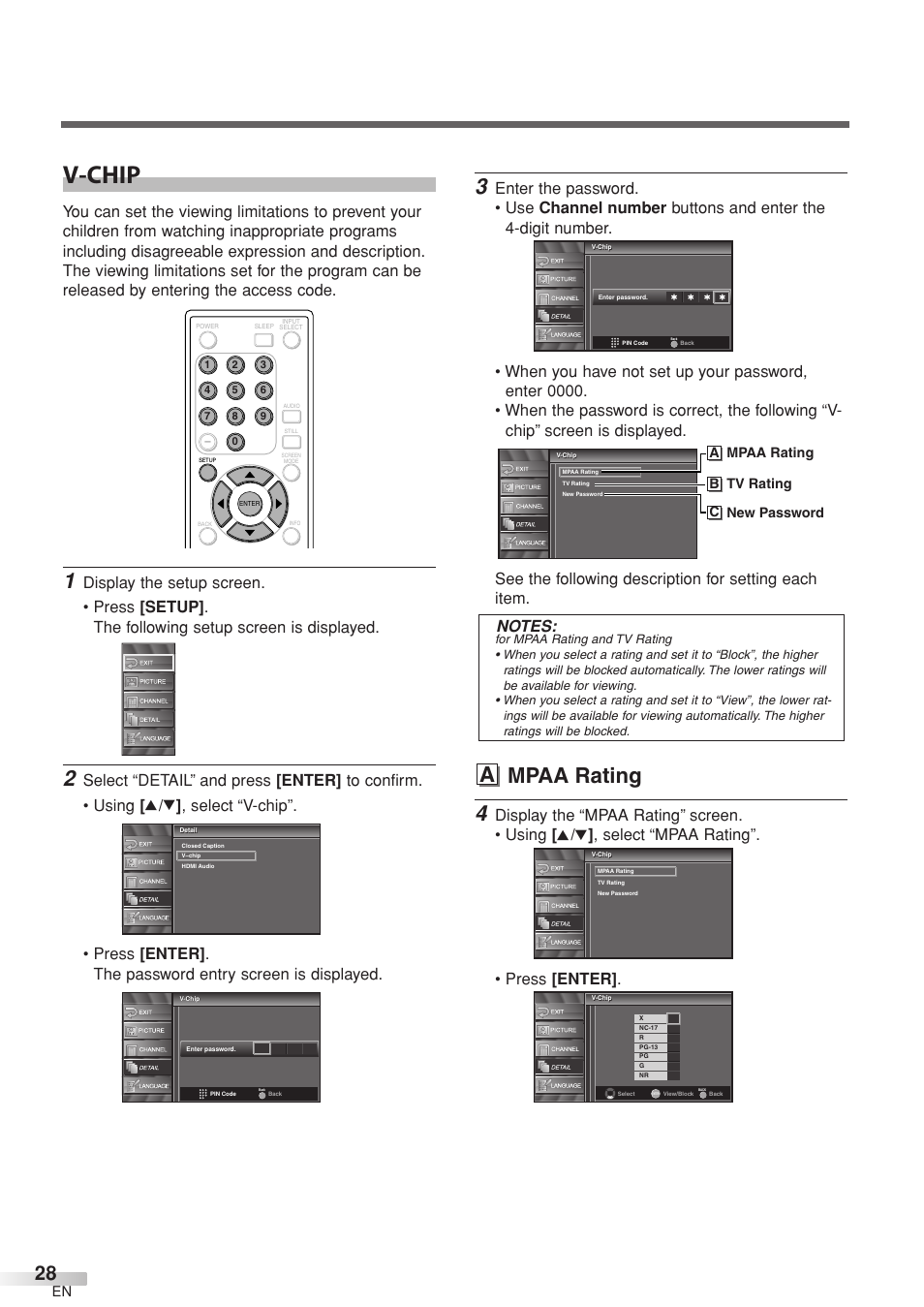 V-chip, A mpaa rating, A mpaa rating b tv rating c new password | Sylvania 6632LCT User Manual | Page 28 / 72