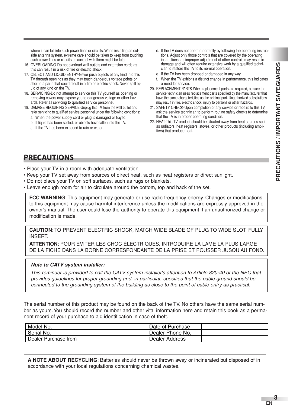 Precautions | Sylvania 6632LCT User Manual | Page 3 / 72