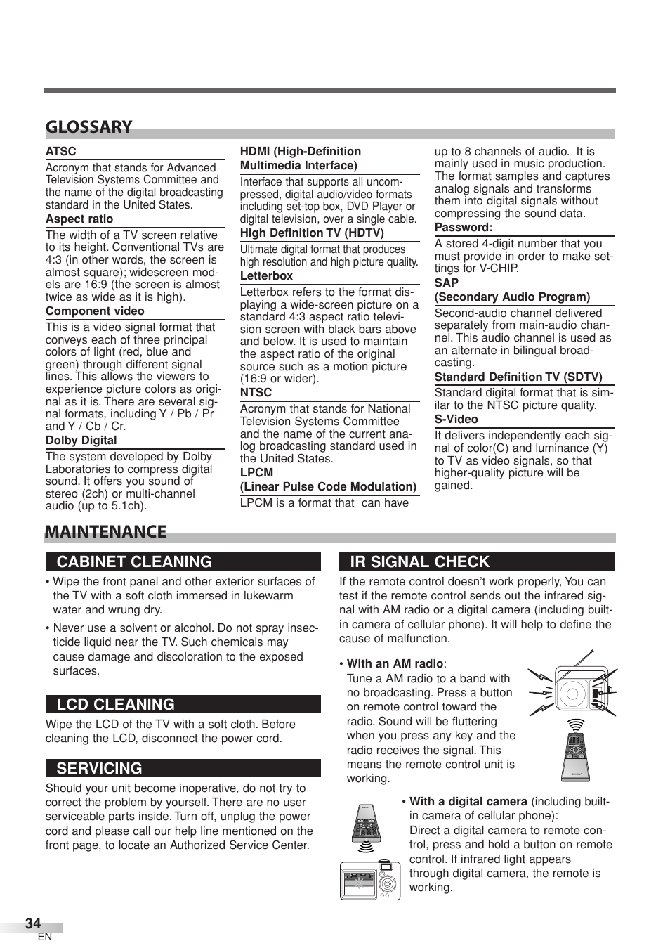 Maintenance glossary, Cabinet cleaning, Lcd cleaning | Servicing, Ir signal check | Sylvania 6632LCT User Manual | Page 34 / 72