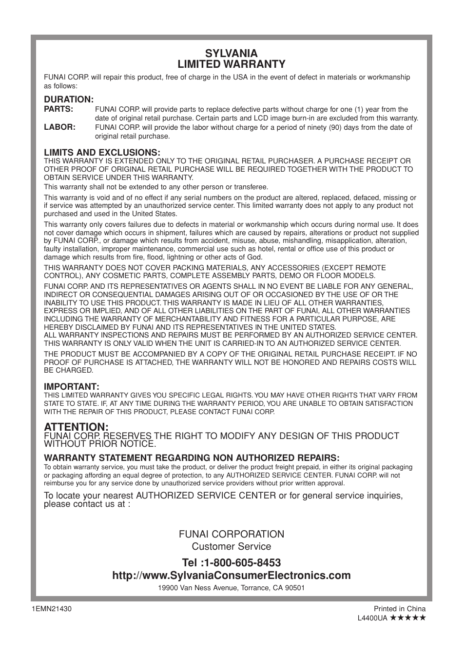 Sylvania limited warranty, Attention | Sylvania 6632LCT User Manual | Page 36 / 72