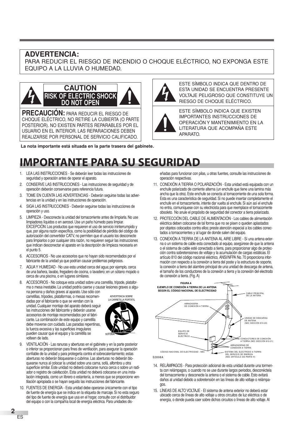 Importante para su seguridad, Advertencia, Precaución | Caution risk of electric shock do not open | Sylvania 6632LCT User Manual | Page 38 / 72