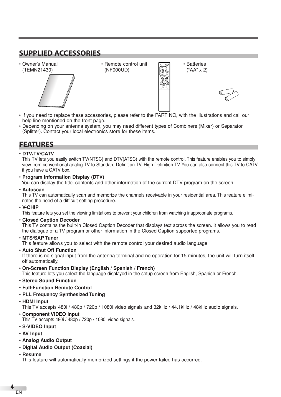 Features supplied accessories | Sylvania 6632LCT User Manual | Page 4 / 72