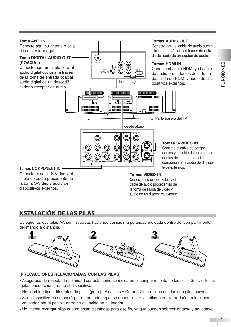 Nstalación de las pilas, Funciones | Sylvania 6632LCT User Manual | Page 43 / 72