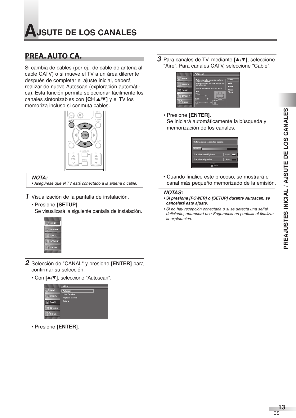 Prea. auto ca, Jsute de los canales, Preajustes inicial / ajsute de los canales | Nota | Sylvania 6632LCT User Manual | Page 49 / 72