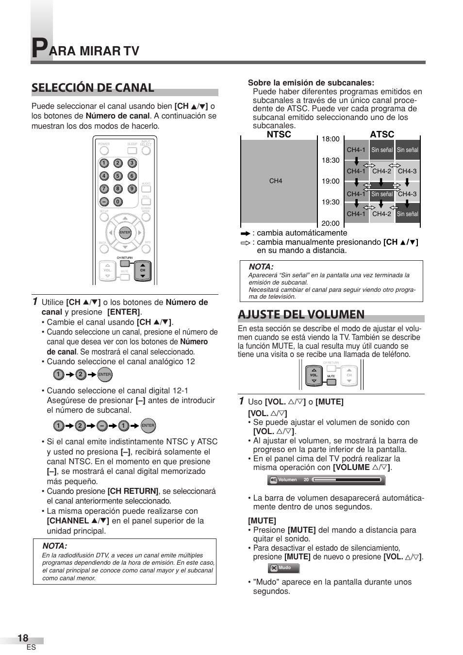 Ara mirar tv selección de canal, Ajuste del volumen, Atsc | Ntsc | Sylvania 6632LCT User Manual | Page 54 / 72