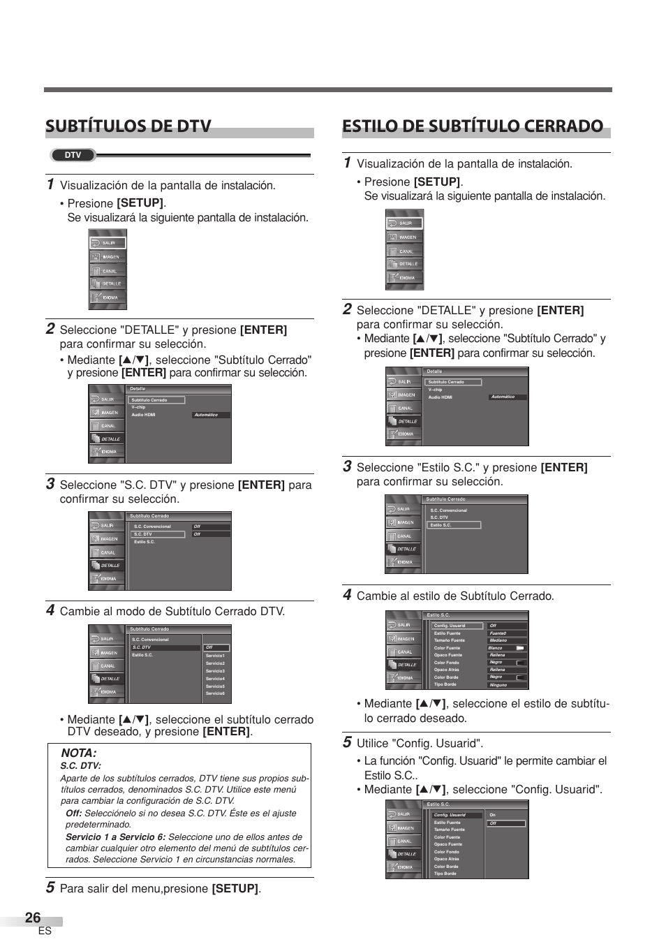 Estilo de subtítulo cerrado, Subtítulos de dtv, Para salir del menu,presione [setup] . nota | Sylvania 6632LCT User Manual | Page 62 / 72