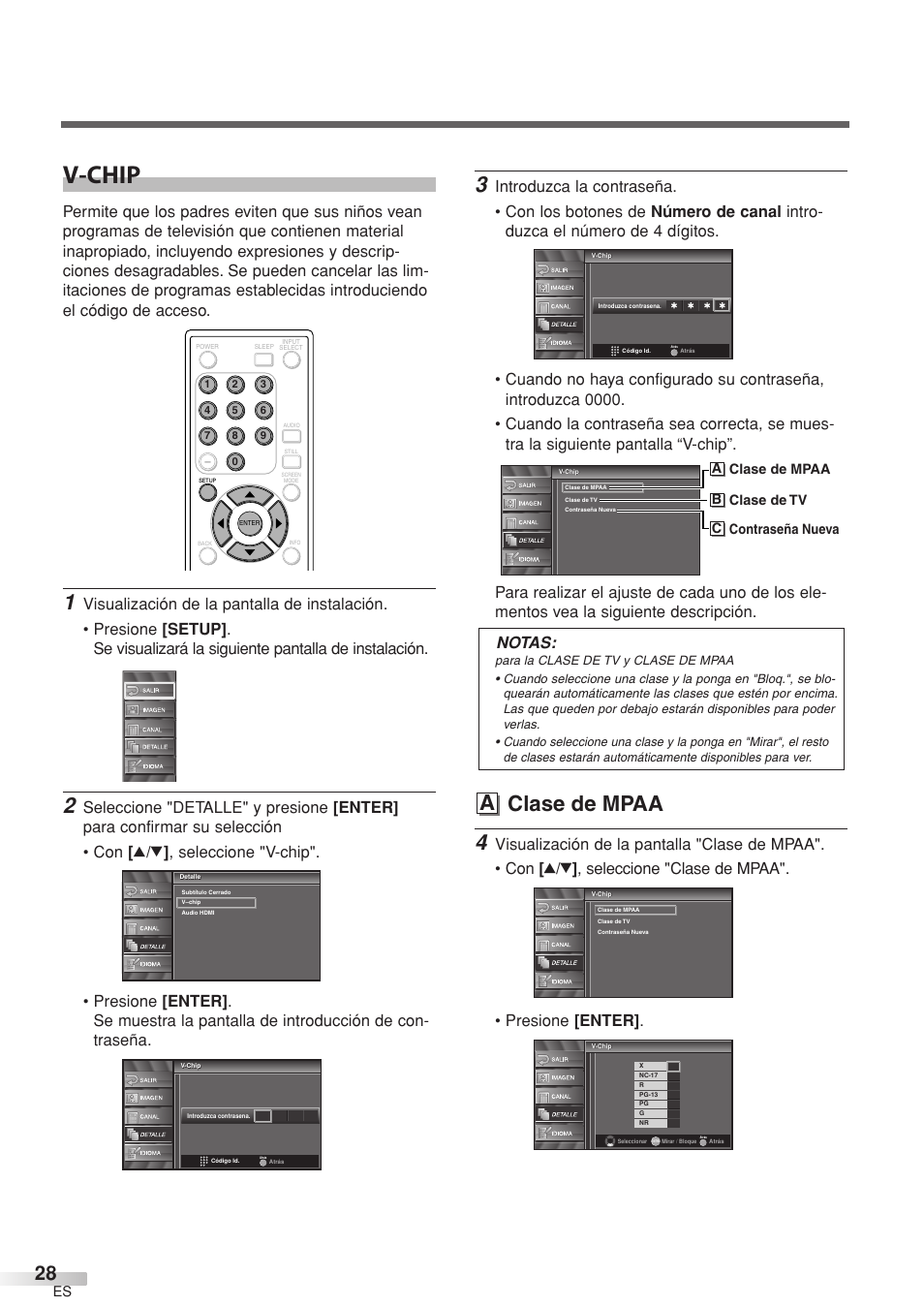 V-chip, A clase de mpaa, Notas | A clase de mpaa b clase de tv c contraseña nueva | Sylvania 6632LCT User Manual | Page 64 / 72