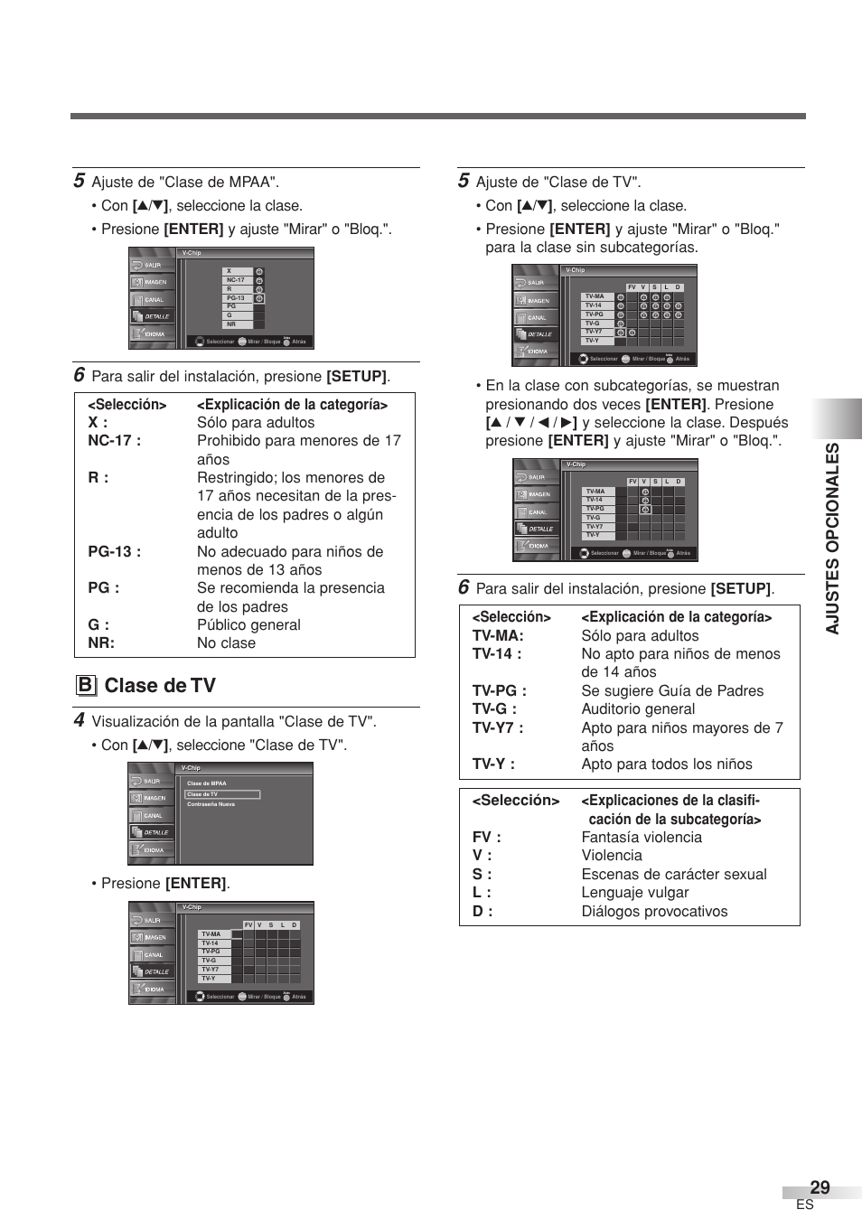 B clase de tv, Ajustes opcionales, Para salir del instalación, presione [setup | Sylvania 6632LCT User Manual | Page 65 / 72