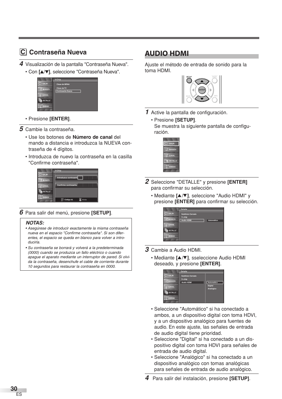 Audio hdmi, C contraseña nueva, Para salir del menú, presione [setup] . notas | Para salir del instalación, presione [setup | Sylvania 6632LCT User Manual | Page 66 / 72