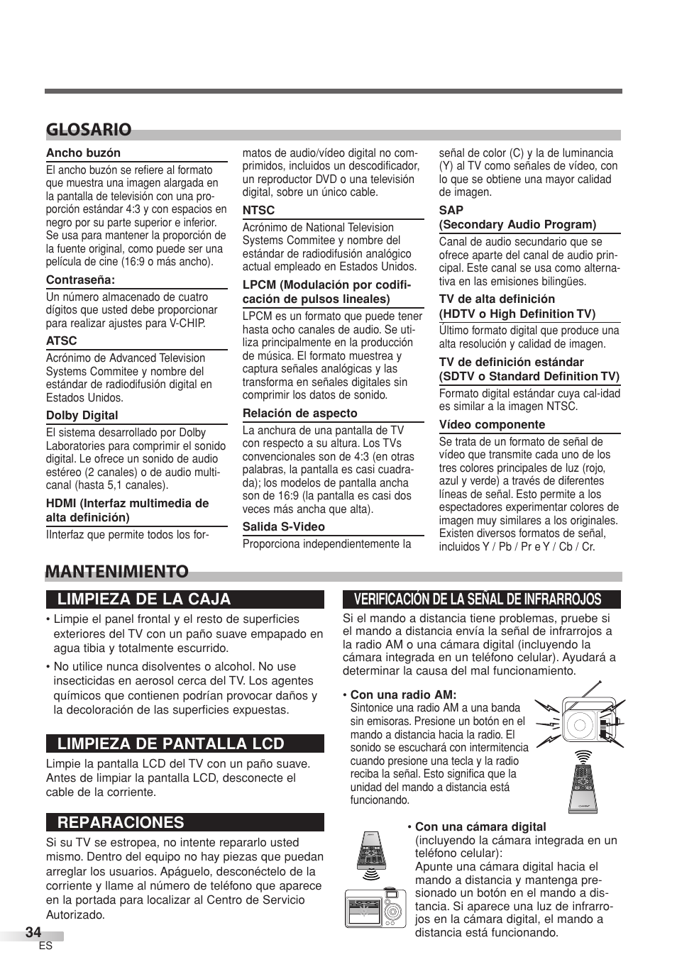 Mantenimiento glosario, Limpieza de la caja, Limpieza de pantalla lcd | Reparaciones, Verificación de la señal de infrarrojos | Sylvania 6632LCT User Manual | Page 70 / 72