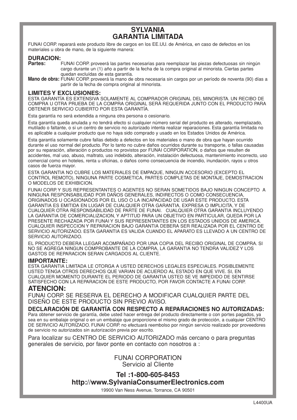 Sylvania garantia limitada, Atencion | Sylvania 6632LCT User Manual | Page 72 / 72