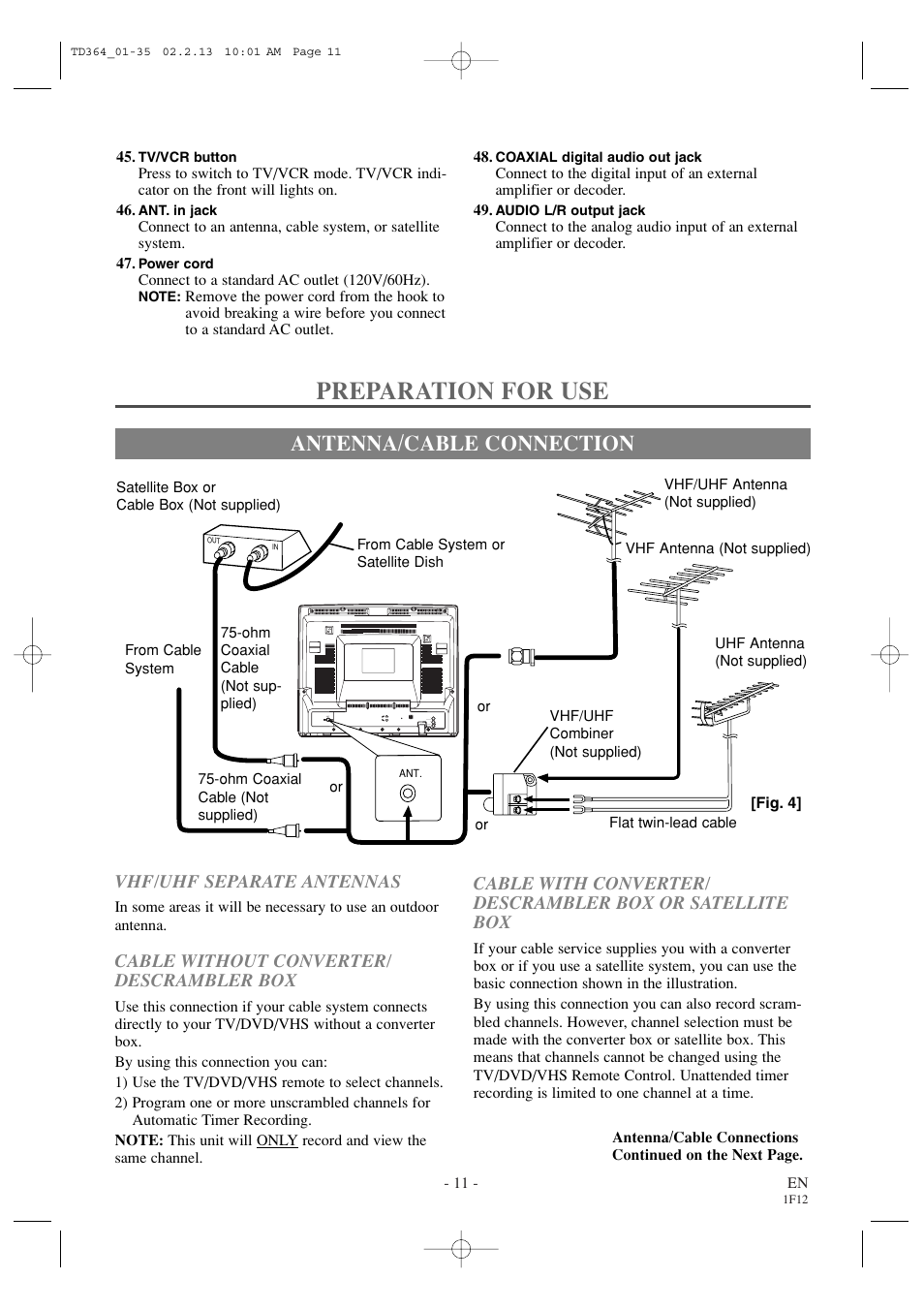 Preparation for use, Antenna/cable connection, Cable without converter/ descrambler box | Vhf/uhf separate antennas | Sylvania SSC719B1 User Manual | Page 11 / 64