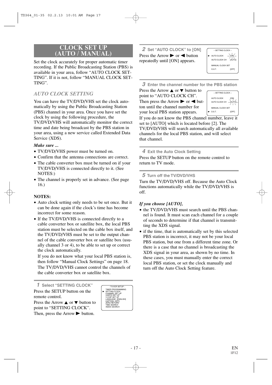 Clock set up (auto / manual), Auto clock setting | Sylvania SSC719B1 User Manual | Page 17 / 64