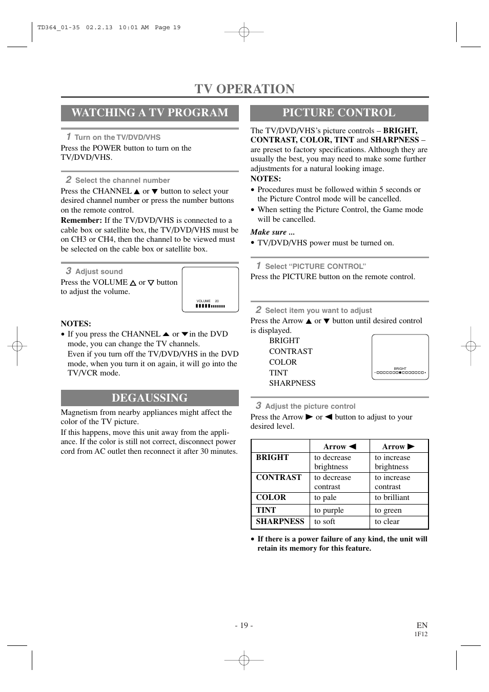 Tv operation, Degaussing, Watching a tv program | Picture control | Sylvania SSC719B1 User Manual | Page 19 / 64