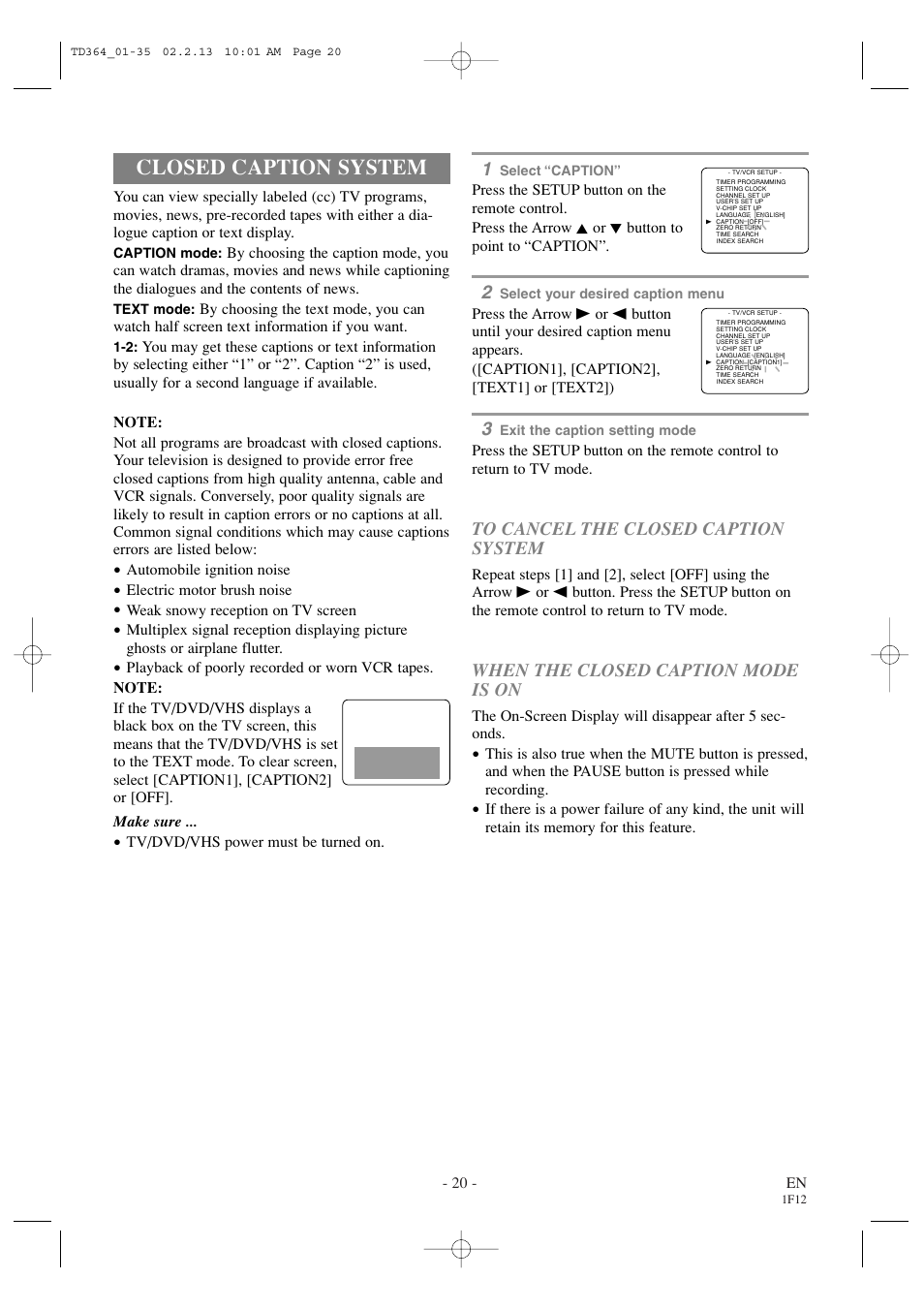 Closed caption system, When the closed caption mode is on | Sylvania SSC719B1 User Manual | Page 20 / 64