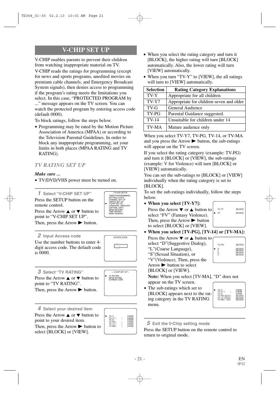 V-chip set up, Tv rating set up, 21 - en | Make sure, Tv/dvd/vhs power must be turned on | Sylvania SSC719B1 User Manual | Page 21 / 64
