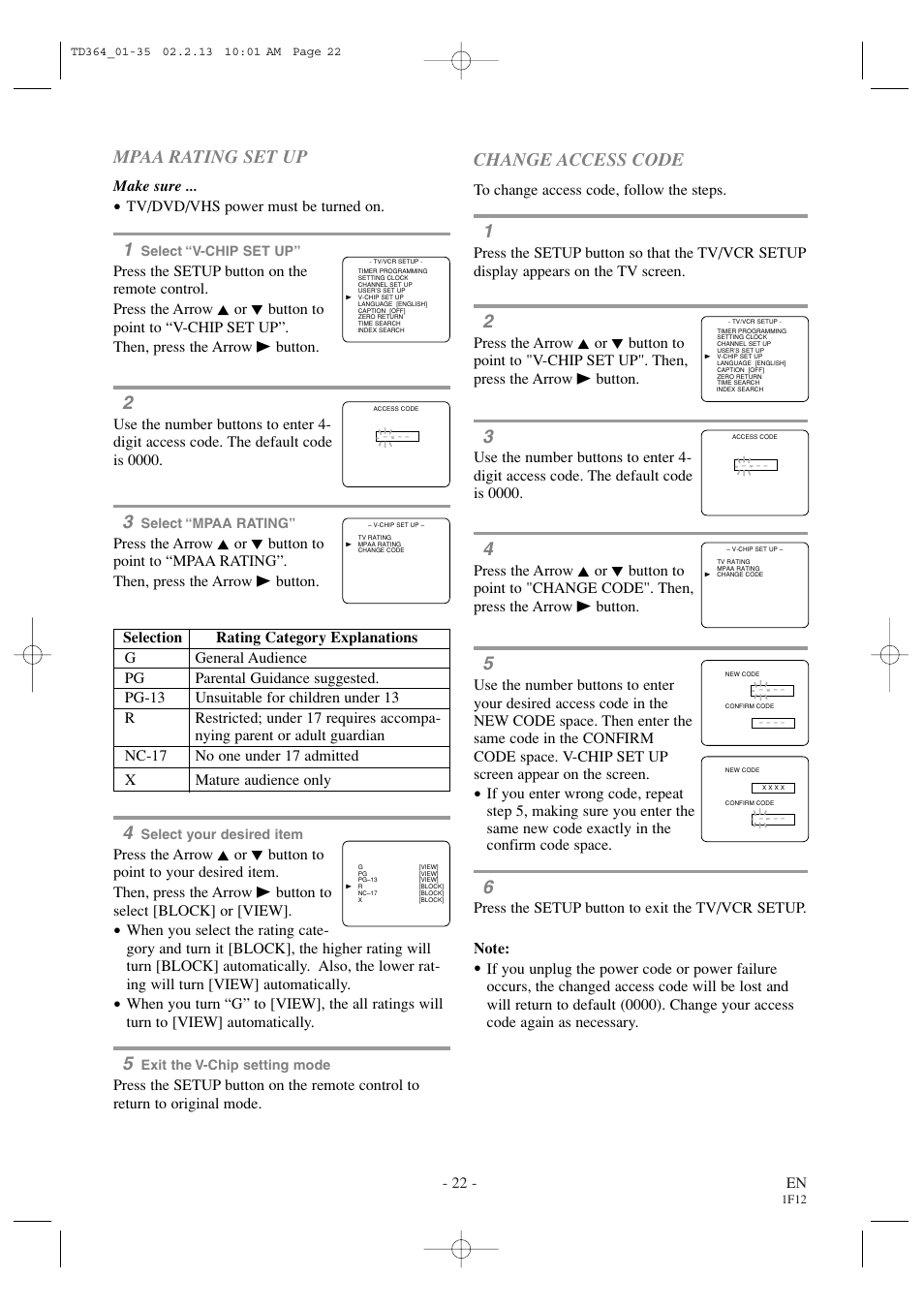 Mpaa rating set up, Change access code, 22 - en | Make sure, Tv/dvd/vhs power must be turned on | Sylvania SSC719B1 User Manual | Page 22 / 64