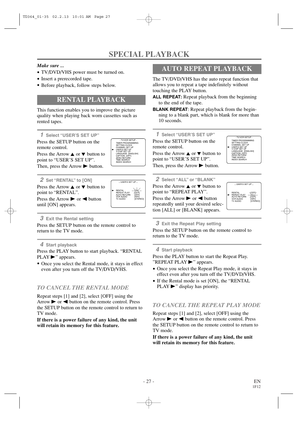 Special playback, Rental playback, Auto repeat playback | Sylvania SSC719B1 User Manual | Page 27 / 64