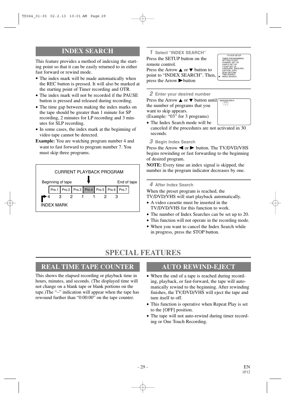 Special features, Index search, Real time tape counter | Auto rewind-eject | Sylvania SSC719B1 User Manual | Page 29 / 64