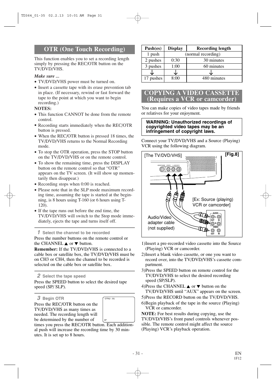 Otr (one touch recording) | Sylvania SSC719B1 User Manual | Page 31 / 64