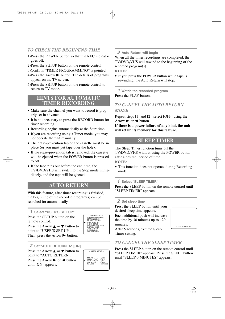 Hints for automatic timer recording, Auto return, Sleep timer | Sylvania SSC719B1 User Manual | Page 34 / 64