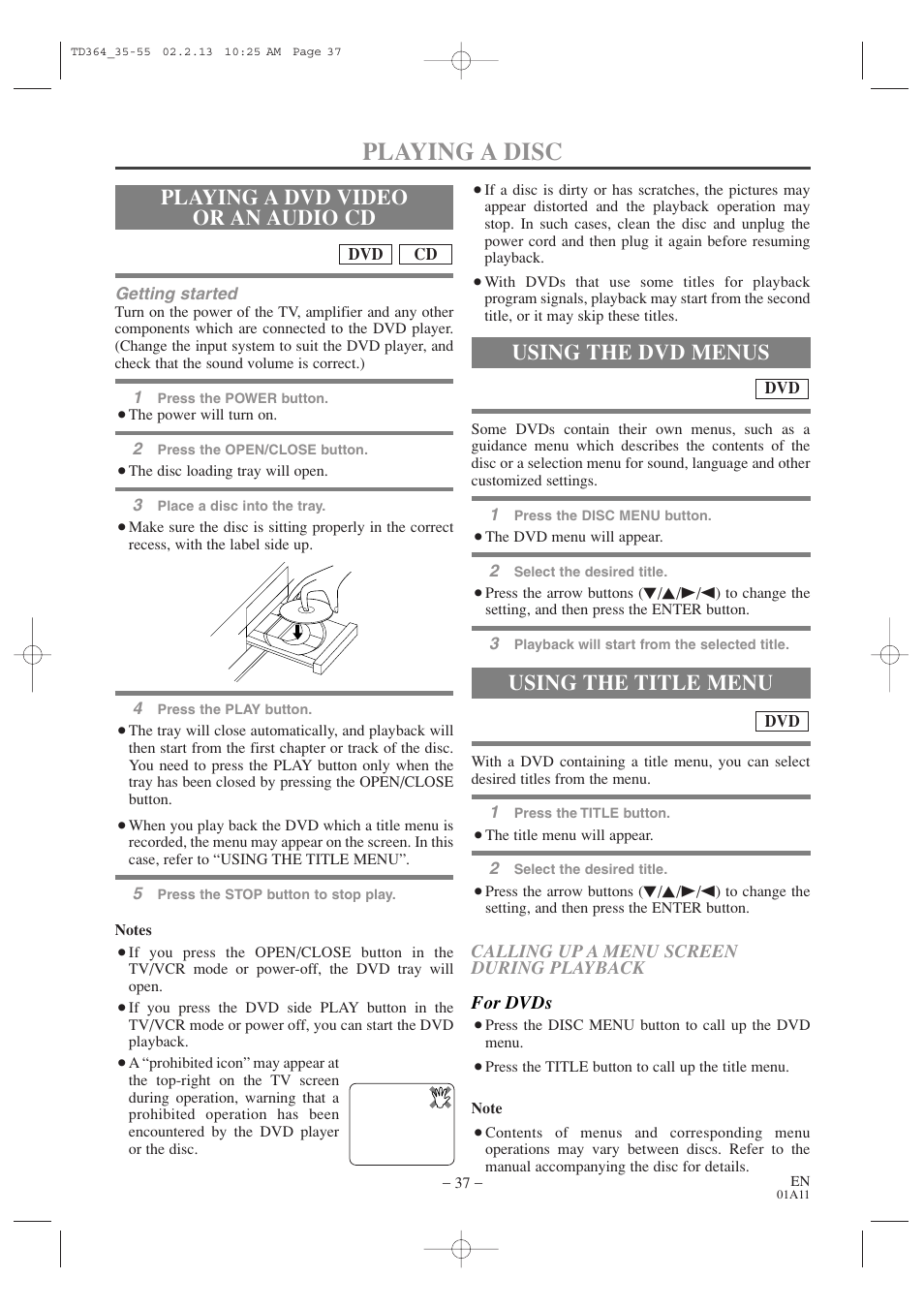 Playing a disc, Using the title menu, Playing a dvd video or an audio cd | Using the dvd menus | Sylvania SSC719B1 User Manual | Page 37 / 64