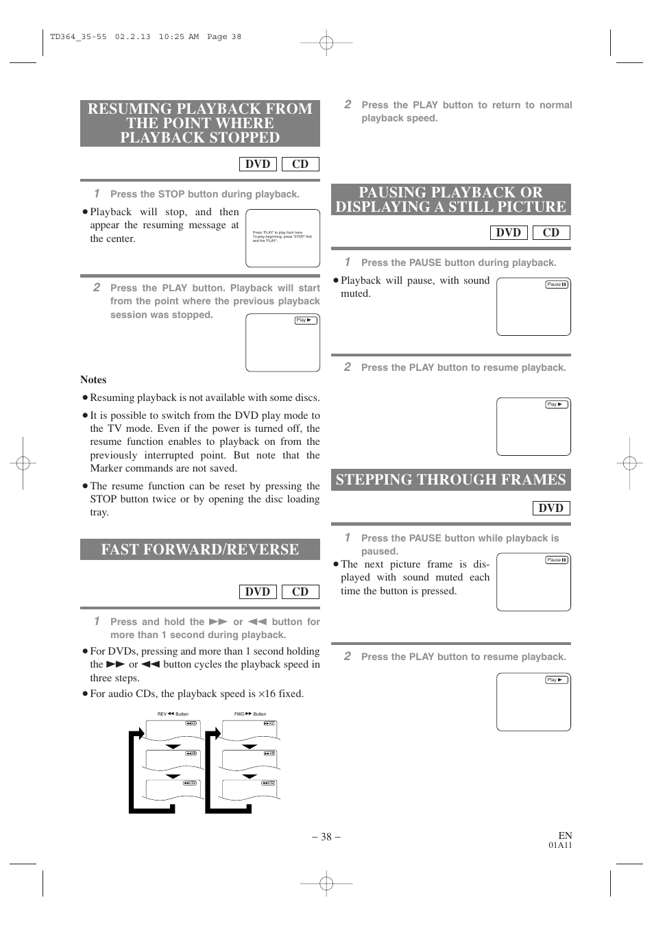 Pausing playback or displaying a still picture, Stepping through frames, Fast forward/reverse | Cd dvd | Sylvania SSC719B1 User Manual | Page 38 / 64