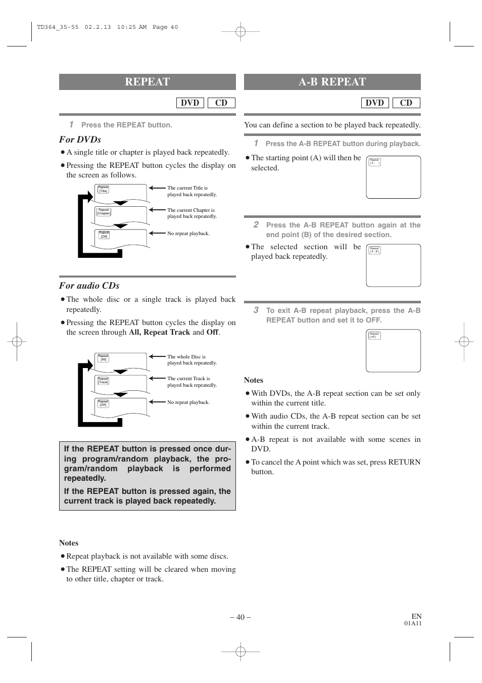 Repeat, A-b repeat, For dvds | For audio cds, Cd dvd | Sylvania SSC719B1 User Manual | Page 40 / 64