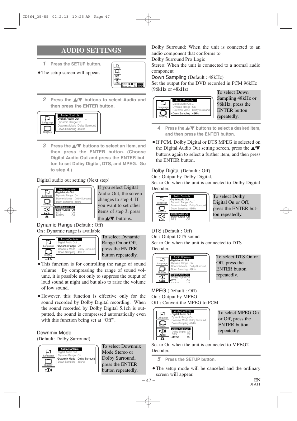 Audio settings, The setup screen will appear, Buttons | Sylvania SSC719B1 User Manual | Page 47 / 64