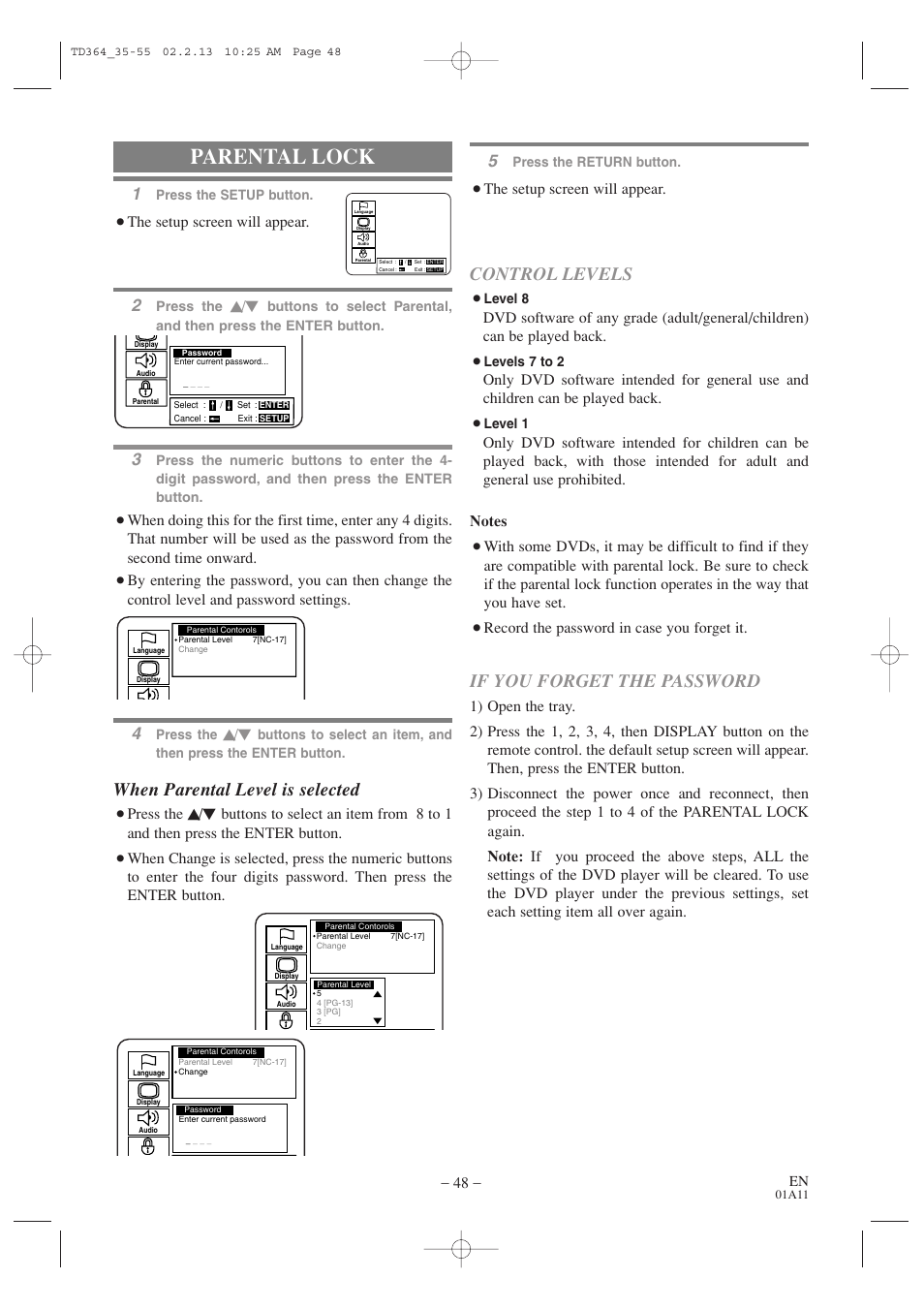 Parental lock, Control levels, If you forget the password | When parental level is selected, The setup screen will appear, Record the password in case you forget it, Press the | Sylvania SSC719B1 User Manual | Page 48 / 64