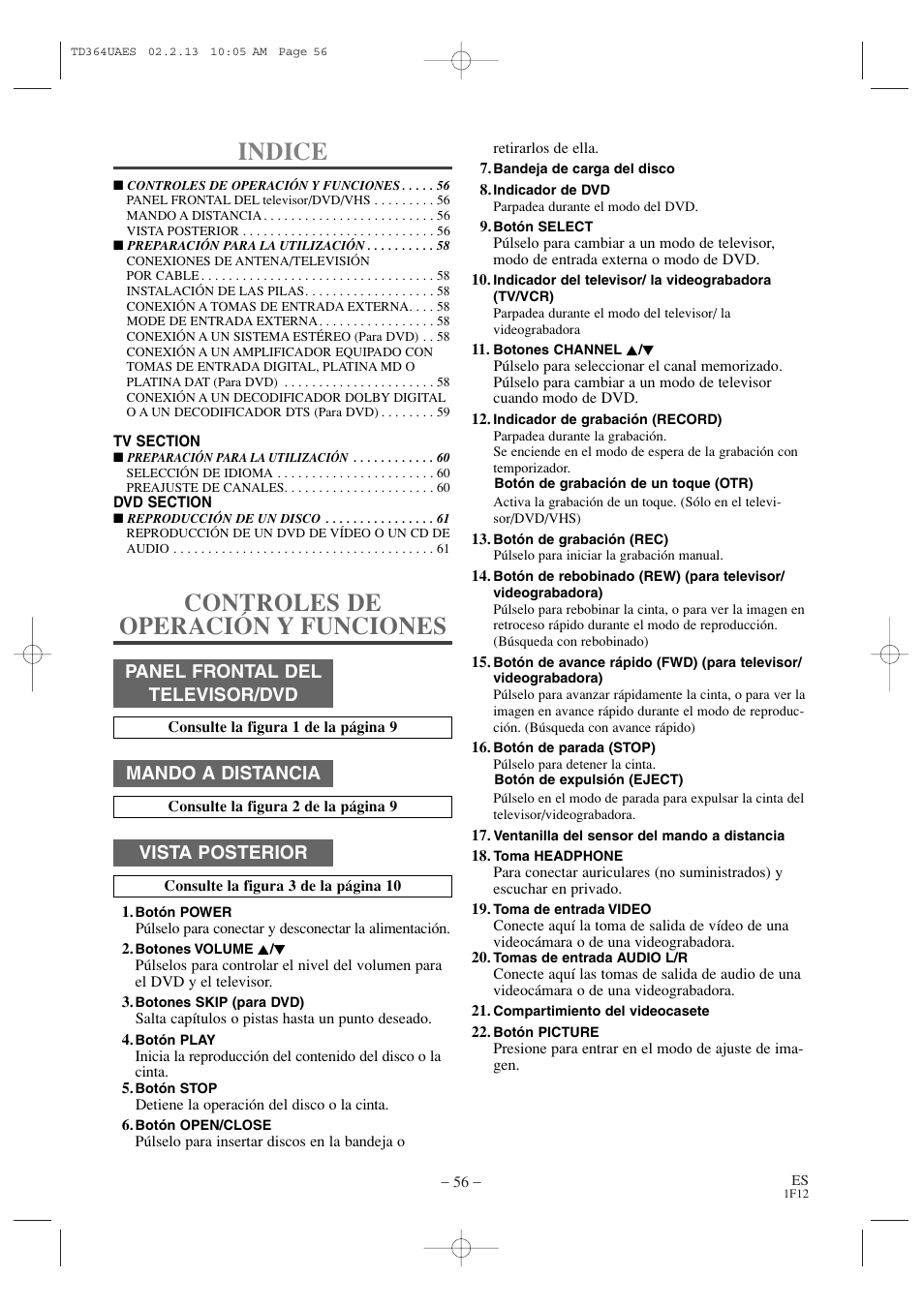 Indice, Controles de operación y funciones, Panel frontal del televisor/dvd | Mando a distancia, Vista posterior | Sylvania SSC719B1 User Manual | Page 56 / 64