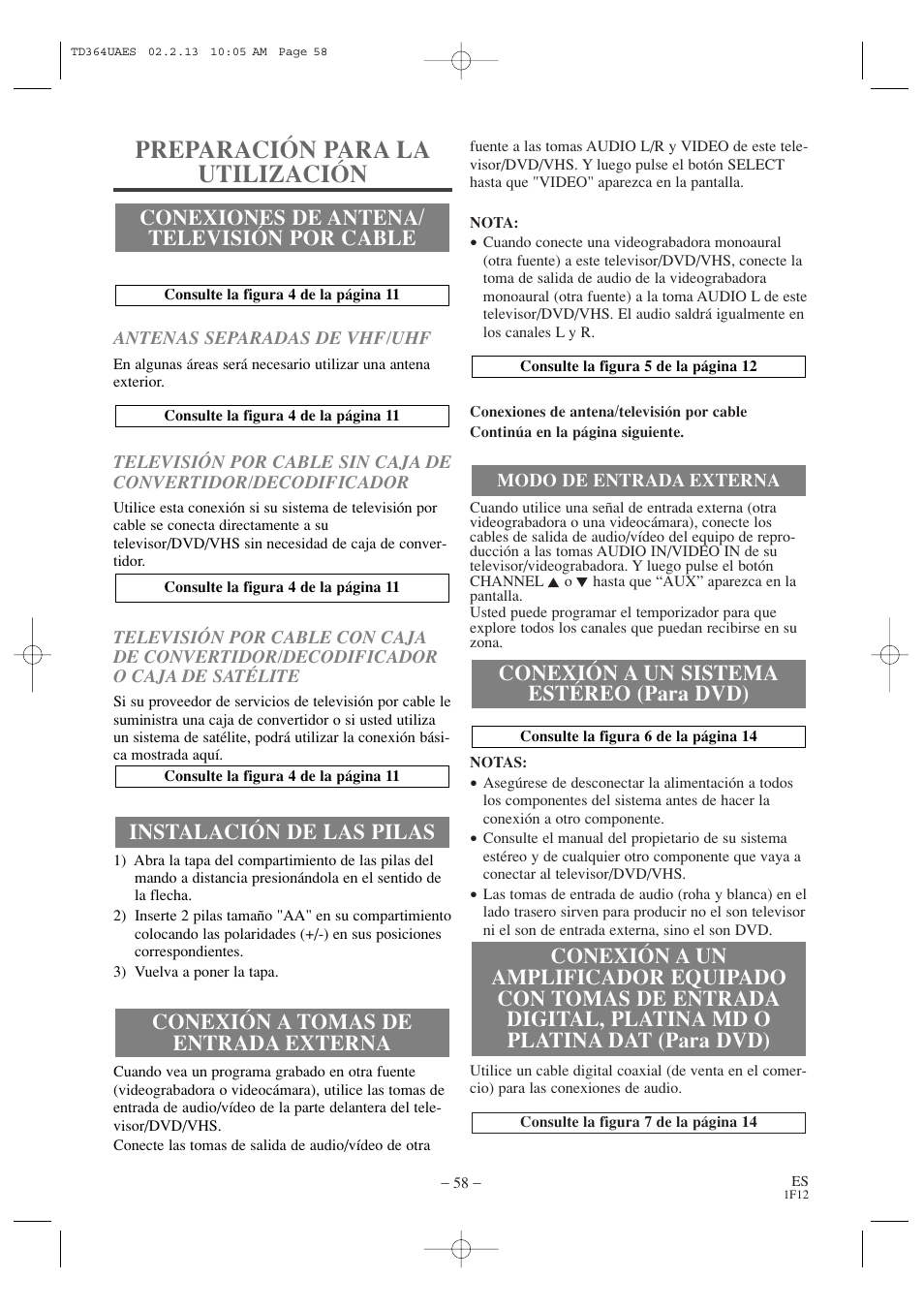 Preparación para la utilización, Conexión a un sistema estéreo (para dvd), Conexiones de antena/ televisión por cable | Sylvania SSC719B1 User Manual | Page 58 / 64